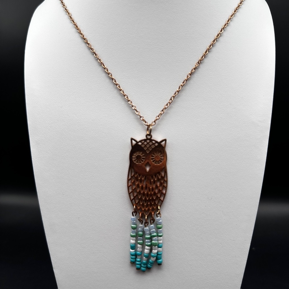 Vintage 90s Owl Pendant Necklace Gold Tone Beaded Tassel Boho Jewelry